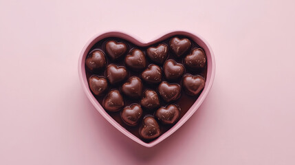 A heart-shaped box of chocolates sits on a pastel pink background. The composition, with rich textures and inviting colors, exudes charm and sweetness.