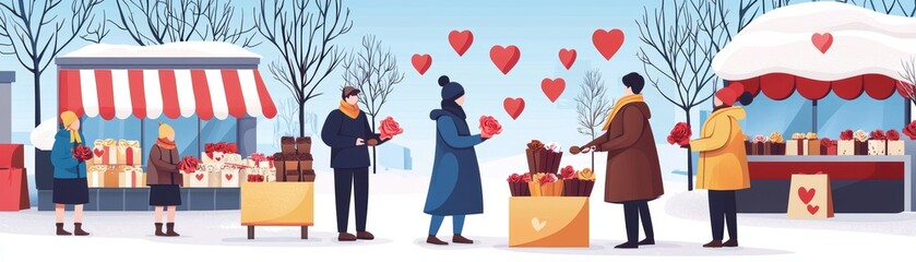 A festive winter market scene with people exchanging gifts and heart-shaped decorations, creating a warm, romantic atmosphere.