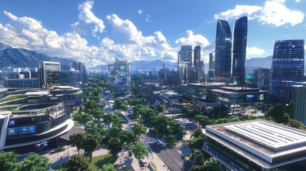 Naklejka premium Smart city development focusing on public safety and urban infrastructure modern skyline aerial view urban environment