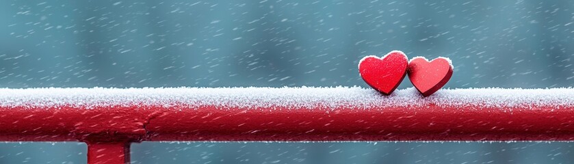 Two red hearts resting on a snowy railing, creating a romantic winter scene with a soft blue background.