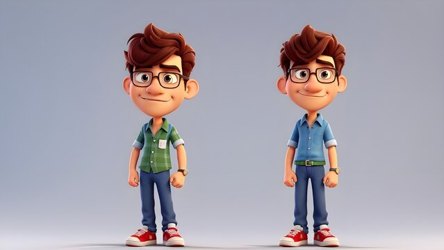 3d charachter animation of a cute man standing on solid color background