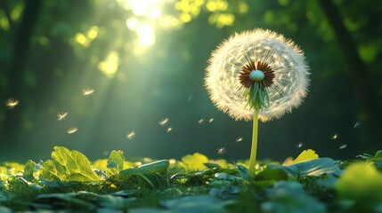 Dandelion seed head in sunlight, seeds blowing away.