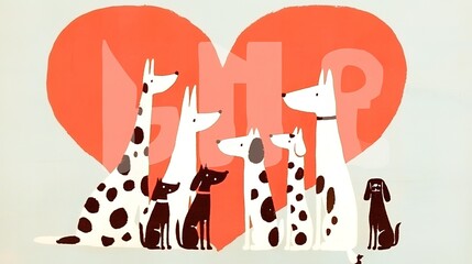 A group of playful, cartoon-style dogs gathered in front of a large heart, symbolizing love and companionship.