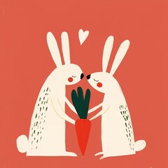 Fototapeta premium Two adorable rabbits share a carrot, expressing love with a heart above them, set against a warm, coral background.