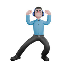 A male radio announcer stands with both hands raised, clenched fists