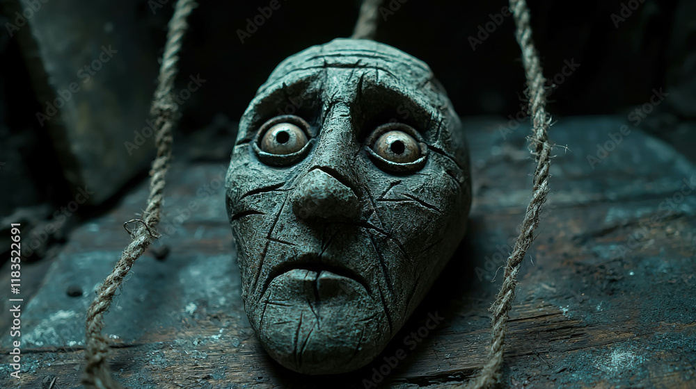Aufkleber high angle view of an evil puppet lying on a worn surface in dark environment