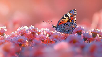 Butterfly Resting on Pink Flowers in a Garden