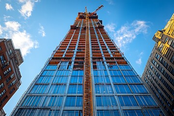 Fototapeta premium A modern glass skyscraper under construction against a blue sky.