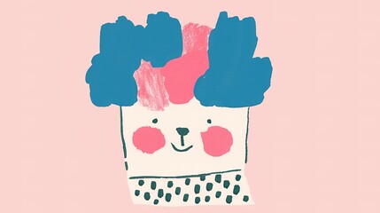 A cute, cartoon-style character with a smiling face and colorful hair against a soft pink background.