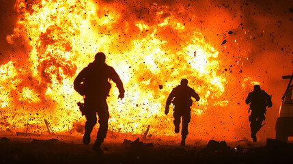 Fototapeta premium Dramatic Hollywood Style Explosion Scene with Bright Fiery Background
