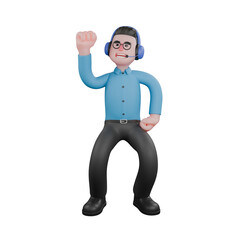 A male radio announcer stands with one hand on his waist