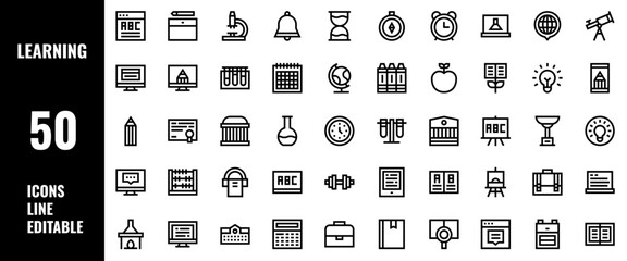50 Learning Icons Set Pack Line Editable Vector Illustration	