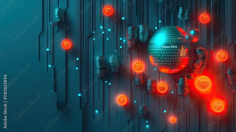 Sticker abstract futuristic technology background with glowing spheres and circuit lines