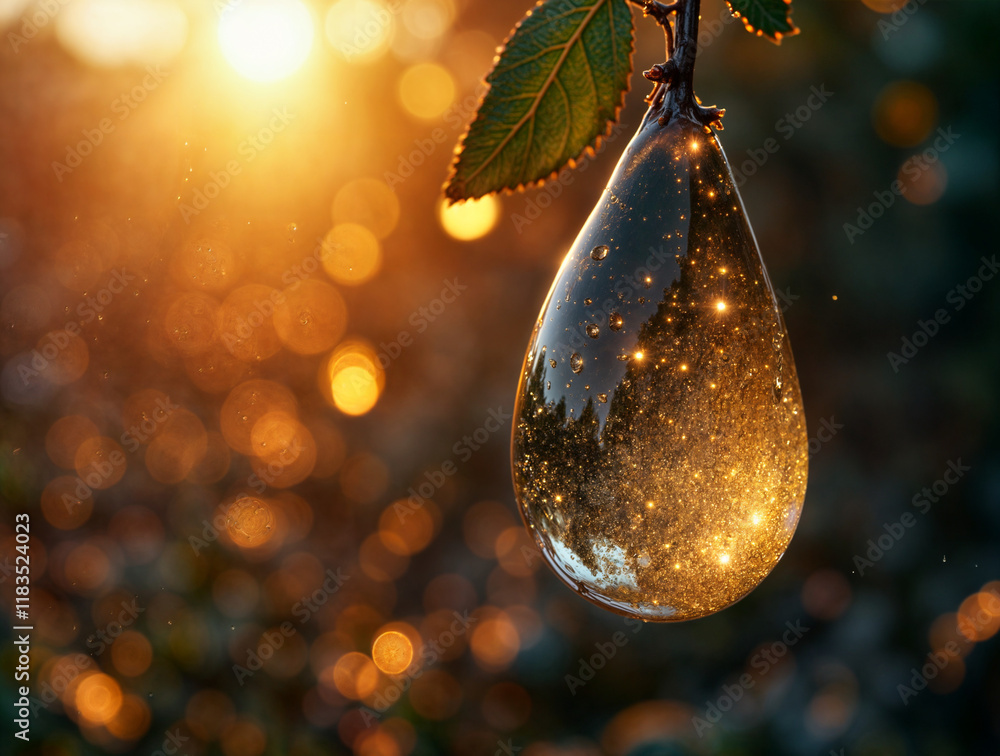 Poster raindrop macro in golden sun rays . generative ai