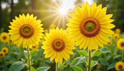 Obraz premium Vibrant sunflowers blooming under warm sunlight, nature's beauty