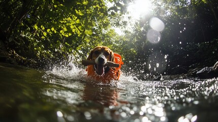 Fototapeta premium Beagle Dog Joyfully Playing in a Forest Stream