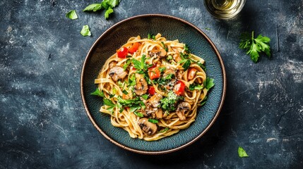 A vibrant plate of pasta topped with fresh herbs and vegetables, served in an elegant blue bowl against a dark background.