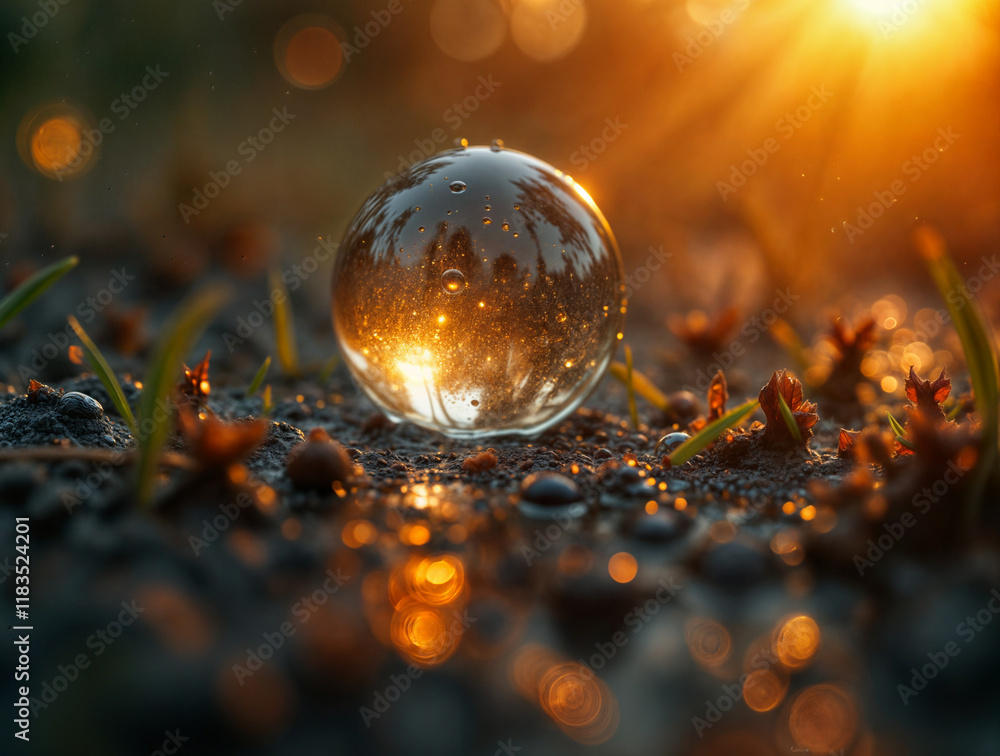 Poster raindrop macro in golden sun rays . generative ai