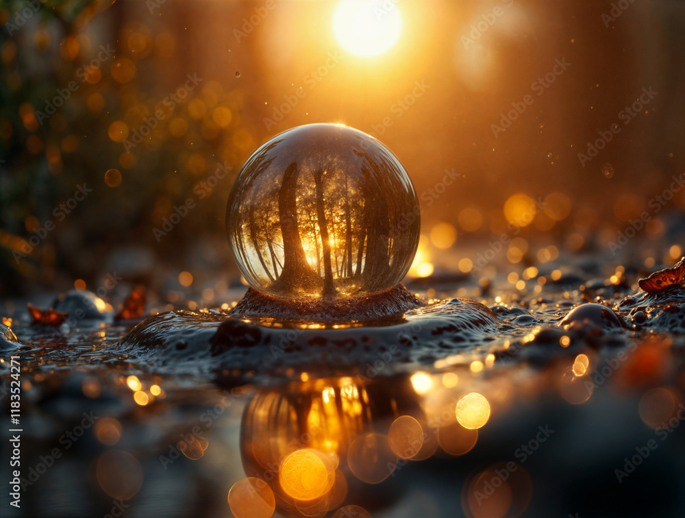 Poster raindrop macro in golden sun rays . generative ai