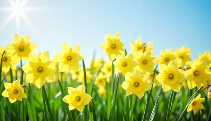Obraz premium Vibrant daffodils blooming under clear blue sky, springtime joy