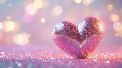 Fototapeta premium A shimmering pink heart with a glowing effect stands out on a pastel background. Its glittery finish and space for text make it perfect for romantic designs or festive occasions.