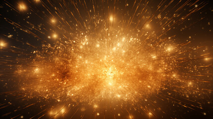 Fototapeta premium Golden fireworks or salute bursting background. Gold firecracker, Firework explosion in night. Sparkling plume crumbs. Dust jewelry. Jewel confetti firework.