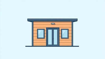 Flat-designed vector of a small house with two cleanly outlined windows and a centered door, simple colors.