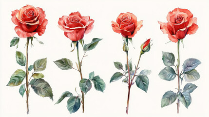 A clip art set featuring red watercolor roses with long stems and leaves, presented in five unique poses on a clean white background. Perfect for elegant design projects.