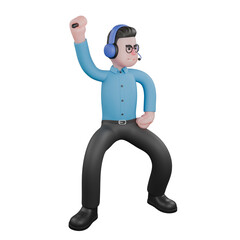 A male radio announcer stands with his left hand on his waist clenched into a fist