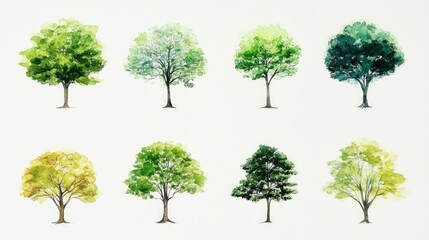 Collection of Watercolor Trees: Green, Yellow, and Blue Hues