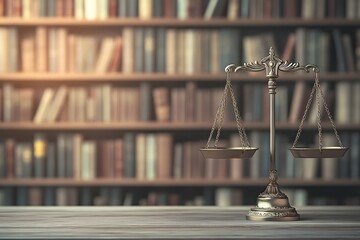 scale of justice on the table and books as the background