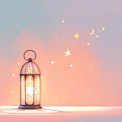 Soft pastel artwork lantern stars and moon in a tranquil dreamy setting
