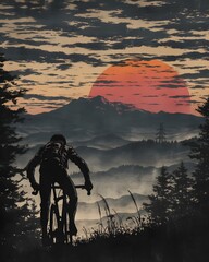 Mountain biker riding at sunset in forest landscape outdoor adventure scenic view