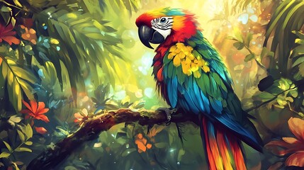 Fototapeta premium Vibrant Macaw in Lush Tropical Paradise: A Digital Painting