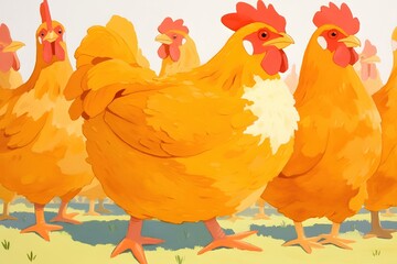 Colorful chickens roaming in a pastoral farm setting illustrated art bright environment