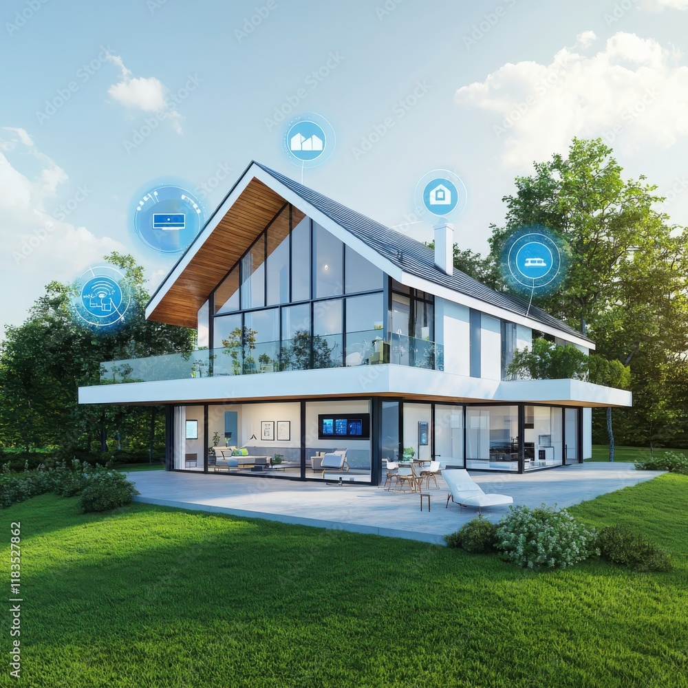 Poster smart home automation showcase modern architecture futuristic design outdoor environment aerial view