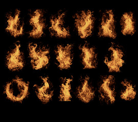 Realistic Fire isolated on black background. Fire a collection of 17 pieces
