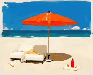 Serene tropical beach scene umbrella lounger & sunny environment in digital art