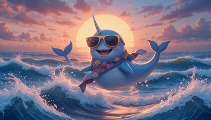 Joyful 3D Rendered Narwhal Unicorn Enjoys Summer Holiday at Sunset, Ocean Waves Splashing, Cute Cartoon Animal in Sunglasses and Scarf