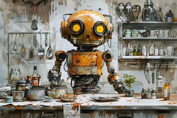 Robot chef prepares meals in retro kitchen home digital art cozy atmosphere close-up innovation