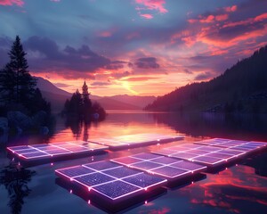 Sunset serenity lakeside retreat digital art tranquil landscape aesthetic view futuristic concept