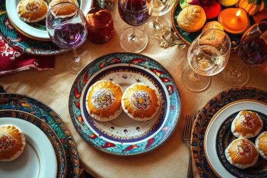 Colorful table setting featuring traditional hamantaschen pastri