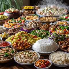  Traditional middle eastern feast with a variety of vibrant dishes displayed on a table, showcasing rich cultural flavors and colorful presentation