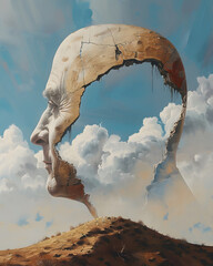 Surreal portrait of human emotion in a dreamlike desert landscape