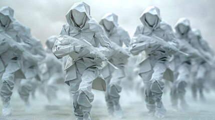 Military action figures in white camouflage futuristic battle scene digital art surreal environment