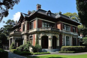 Obraz premium Elegant house stands proudly with intricate architectural details and lush greenery, historic home design. Classic architecture.