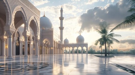 Fototapeta premium Serene Sunrise at the Grand Mosque: Architectural Marvel in the Middle East