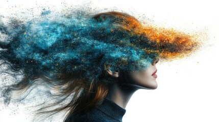 Abstract portrait of a woman with disintegrating hair, blue and orange particles