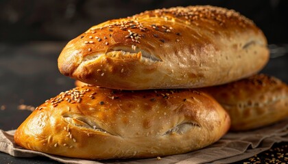 Three freshly baked bread loaves with sesame seeds on a rustic brown background.