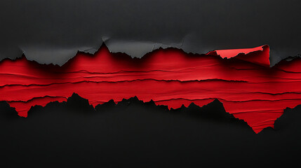 A horizontal strip of red torn paper exposing a black background with dramatic contrast, rugged edges, and a strong visual impact highlighting bold textures.